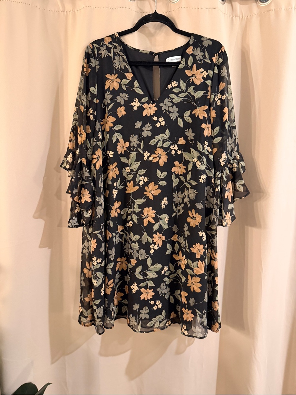 Calvin Klein Black Floral Mini Dress with Peach and Sage Flowers